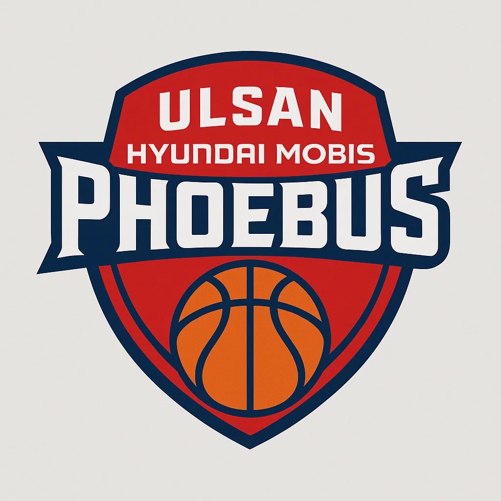 울산 현대모비스 피버스 로고 – 방패형 붉은 배경 위에 농구공과 흰색 ‘PHOEBUS’ 글자가 들어간 KBL 구단 엠블럼