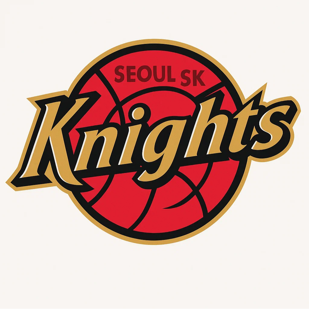 서울 SK 나이츠 로고 – 붉은 농구공 배경 위에 금색과 검정색 조합의 ‘Knights’ 글자가 들어간 KBL 팀 엠블럼