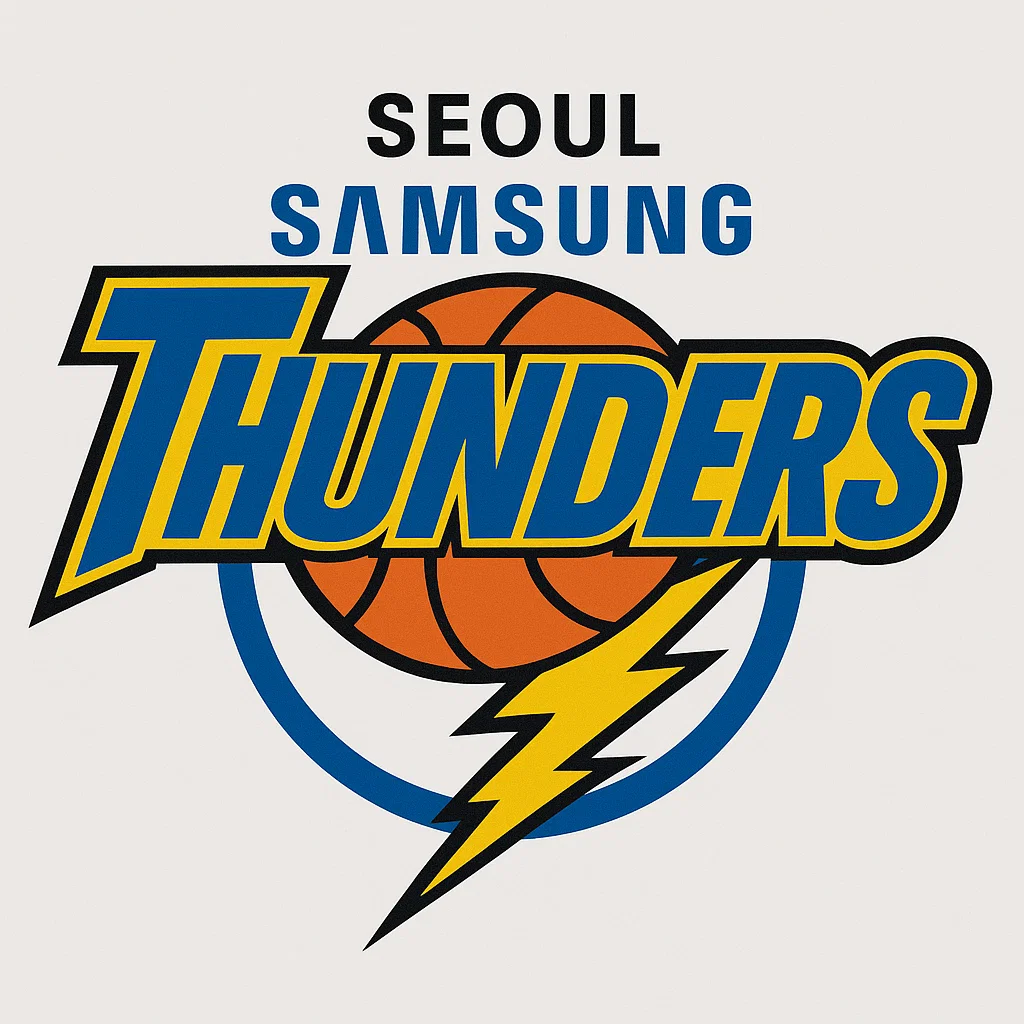 서울 삼성 썬더스 로고 – 농구공과 번개 모양이 결합된 파란색과 노란색의 KBL 팀 엠블럼