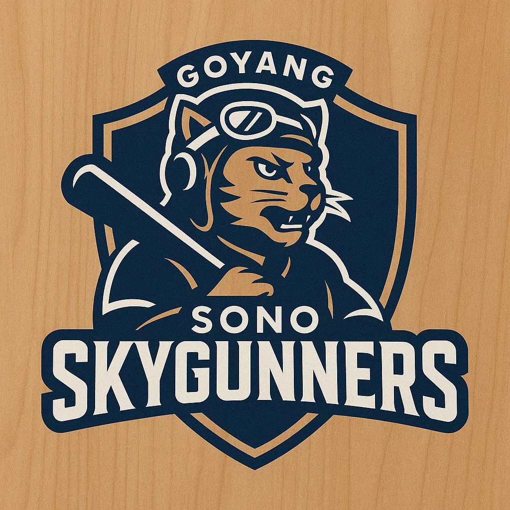 고양 소노 스카이거너스 로고 – 비행모와 고글을 착용한 고양이 캐릭터가 방패형 배경에 배치된 KBL 구단 엠블럼