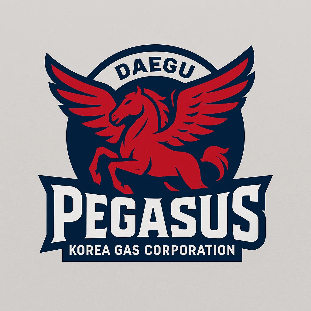 대구 한국가스공사 페가수스 로고 – 날개 달린 붉은색 말 ‘페가수스’가 파란 원 안에 그려진 KBL 구단 엠블럼