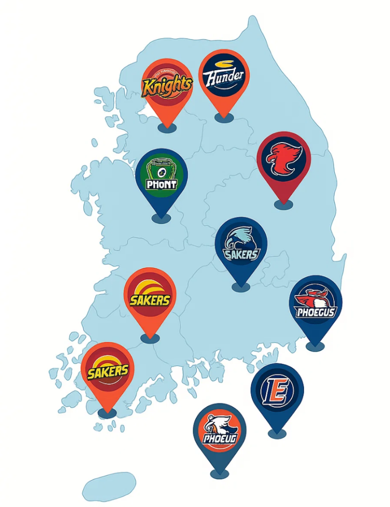 KBL 구단 지도 – 서울 SK 나이츠부터 부산 KCC 이지스까지 대한민국 10개 프로농구 구단의 지역별 분포도