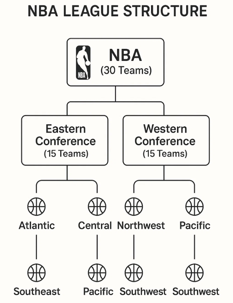 NBA 리그 구조 다이어그램 – 이스턴 컨퍼런스와 웨스턴 컨퍼런스로 나뉜 30개 팀의 리그 구성도
