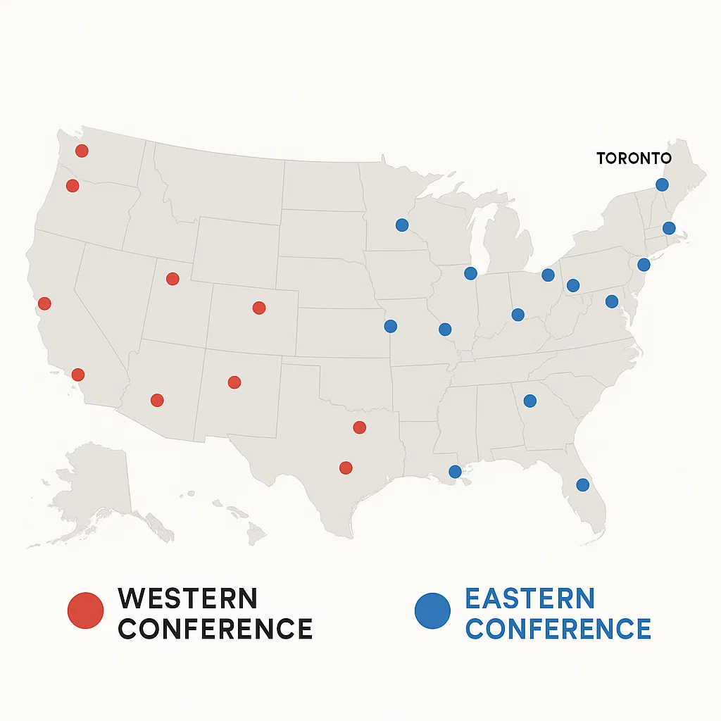 NBA 팀 지도 – 미국 전역에서 동부·서부 컨퍼런스로 나뉜 30개 구단의 지리적 분포
