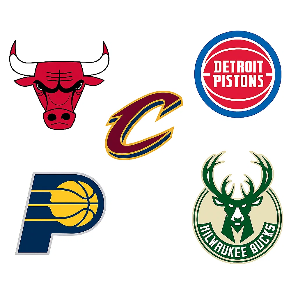 NBA 동부 컨퍼런스 센트럴 디비전 팀 로고 모음 – 시카고 불스, 클리블랜드 캐벌리어스, 디트로이트 피스톤스, 인디애나 페이서스, 밀워키 벅스
