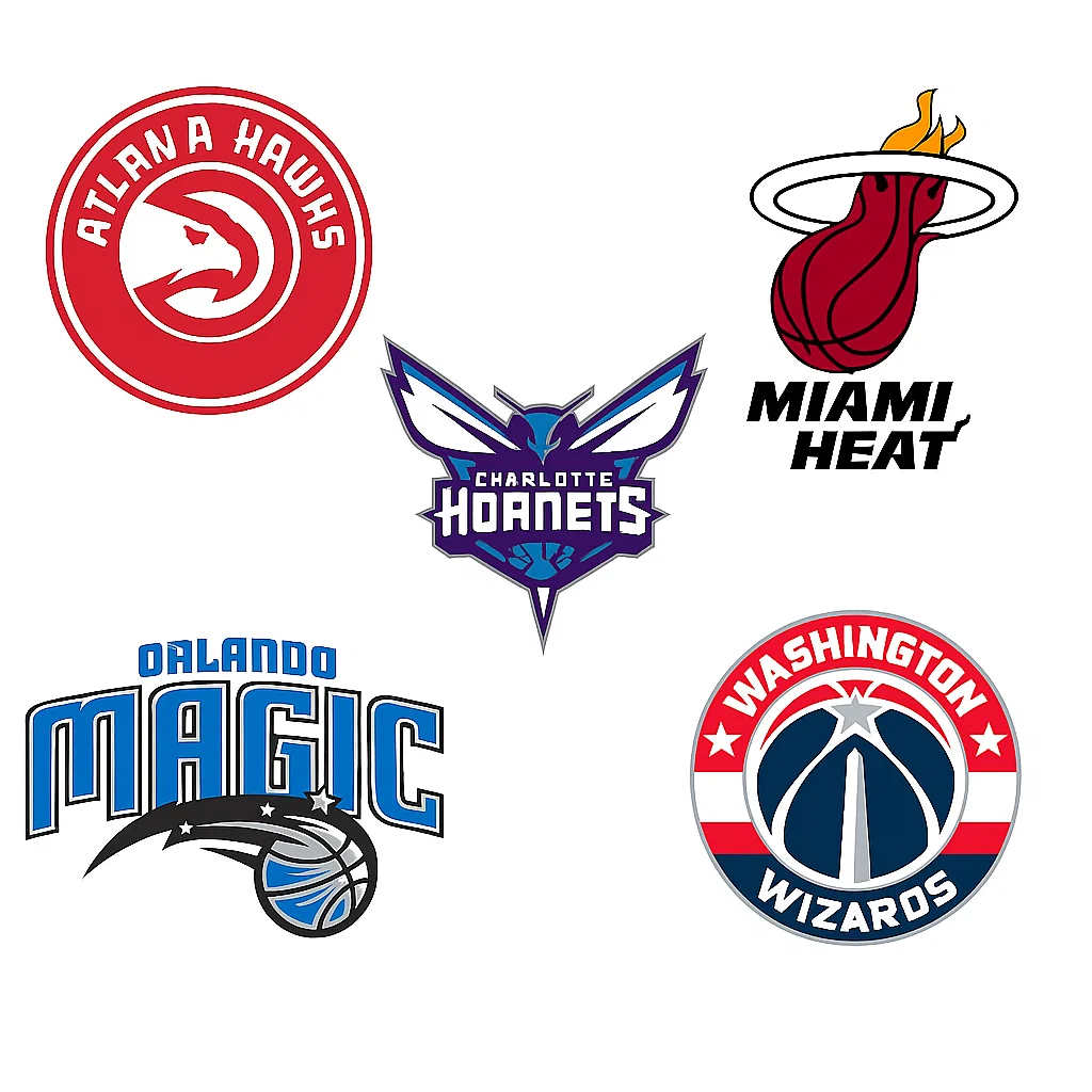NBA 동부 컨퍼런스 사우스이스트 디비전 팀 로고 모음 – 애틀랜타 호크스, 샬럿 호네츠, 마이애미 히트, 올랜도 매직, 워싱턴 위저즈