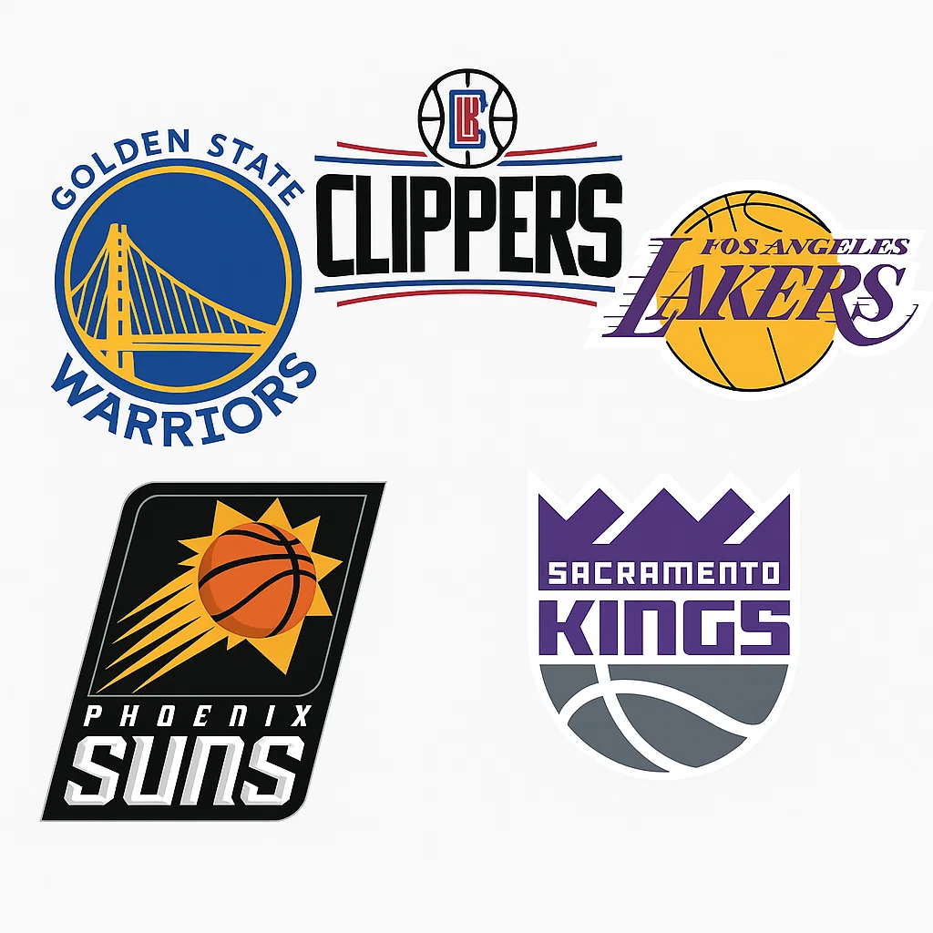 NBA 서부 컨퍼런스 퍼시픽 디비전 팀 로고 모음 – 골든스테이트 워리어스, LA 클리퍼스, LA 레이커스, 피닉스 선즈, 새크라멘토 킹스