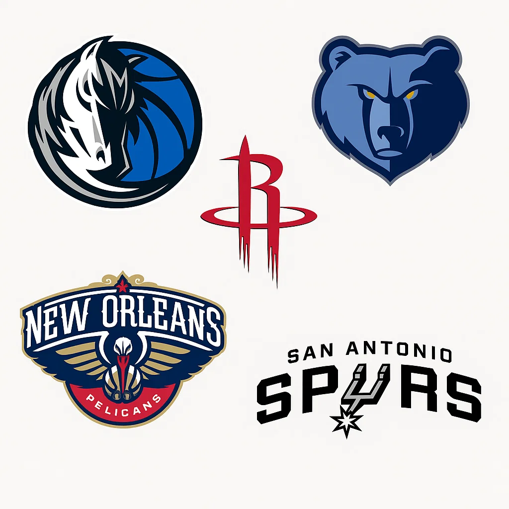 NBA 서부 컨퍼런스 사우스웨스트 디비전 팀 로고 모음 – 댈러스 매버릭스, 휴스턴 로키츠, 멤피스 그리즐리스, 뉴올리언스 펠리컨스, 샌안토니오 스퍼스