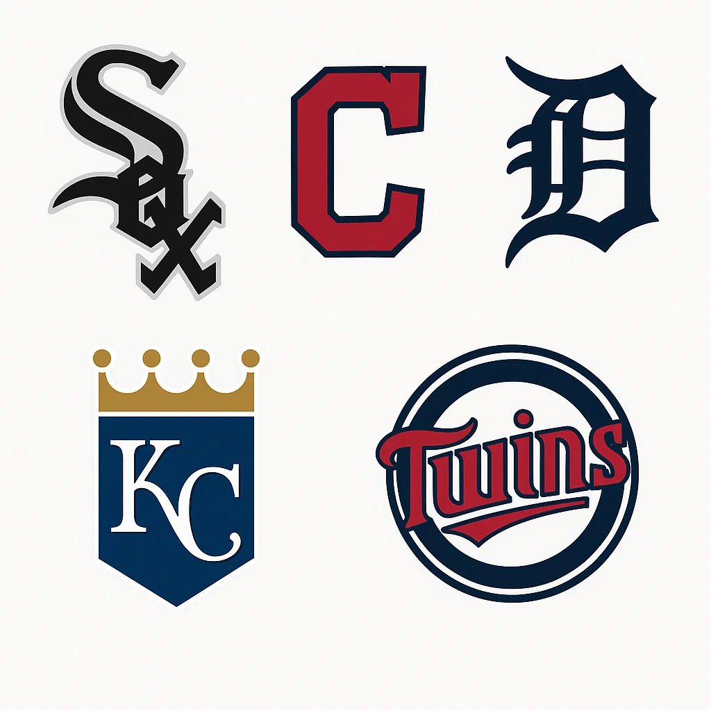 MLB 아메리칸리그 중부지구 팀 로고 – White Sox, Guardians, Tigers, Royals, Twins