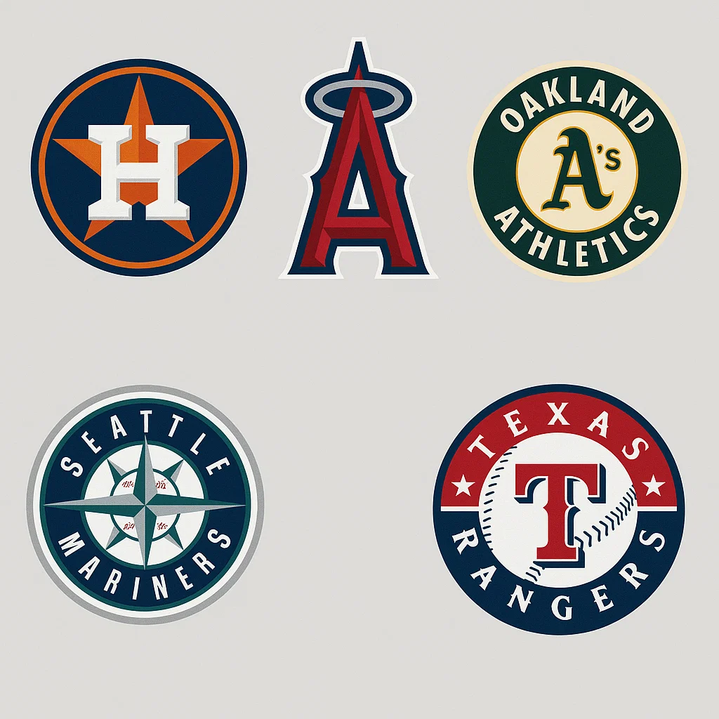 MLB 아메리칸리그 서부지구 팀 로고 – Astros, Angels, Athletics, Mariners, Rangers