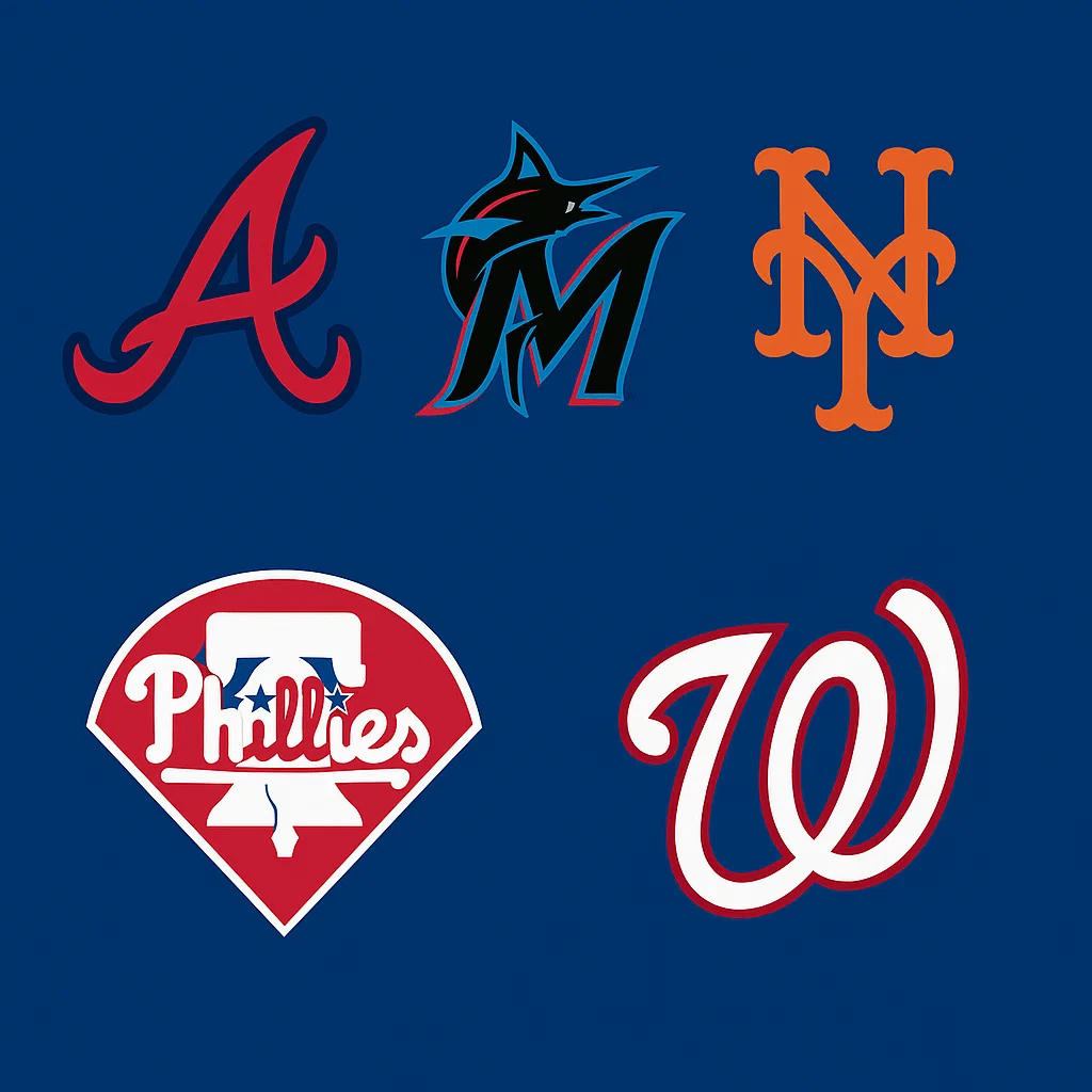 MLB 내셔널리그 동부지구 팀 로고 – Braves, Marlins, Mets, Phillies, Nationals
