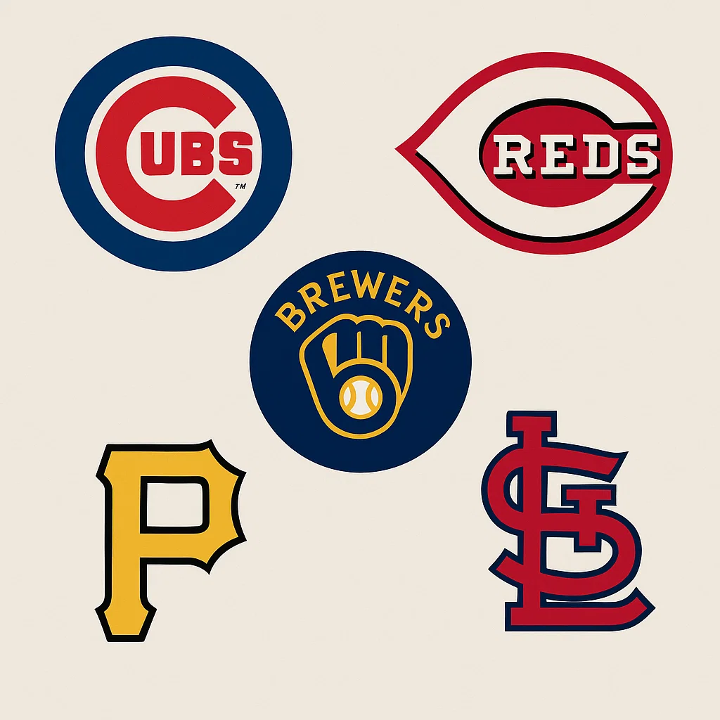 MLB 내셔널리그 중부지구 팀 로고 – Cubs, Reds, Brewers, Pirates, Cardinals