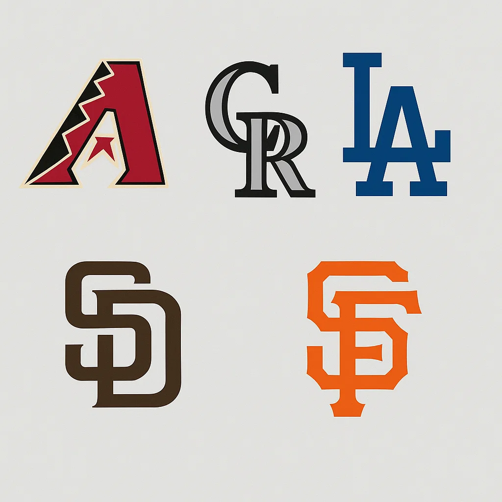 MLB 내셔널리그 서부지구 팀 로고 – Diamondbacks, Rockies, Dodgers, Padres, Giants