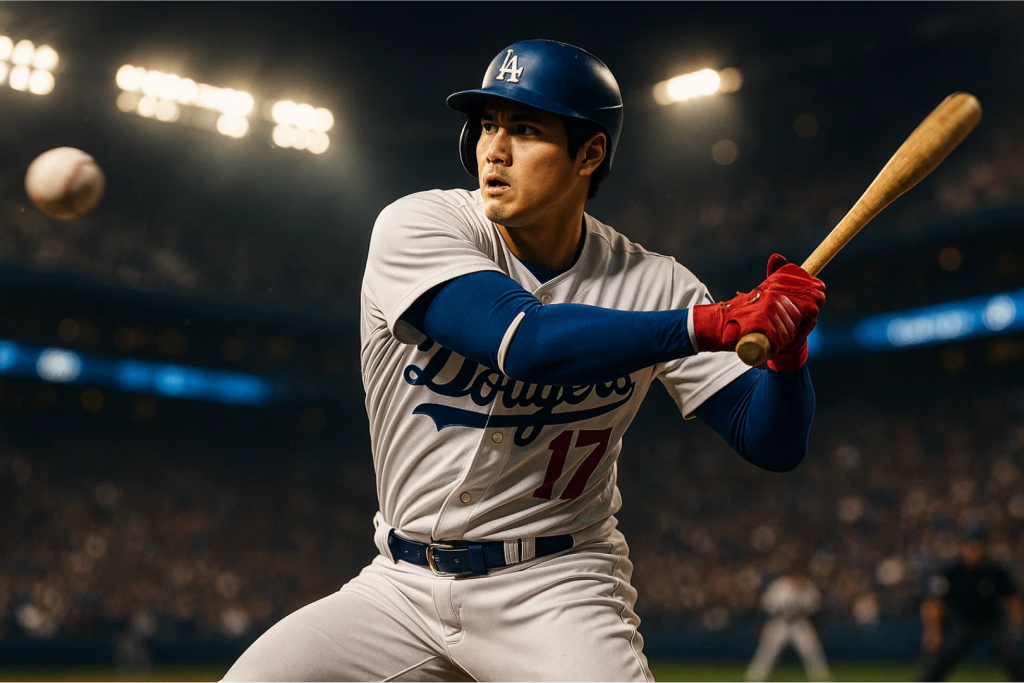 LA 다저스 선수의 타격 장면 – 다저스 유니폼을 입은 선수의 타석 모습