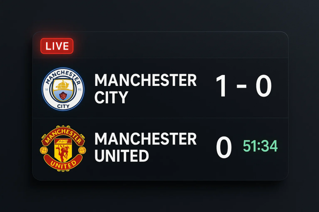맨체스터 시티와 맨체스터 유나이티드 경기 스코어보드, 시티 1 대 0으로 리드 중, 실시간 경기 화면