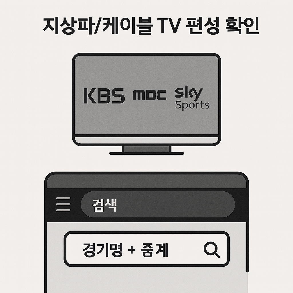 KBS, MBC, Sky Sports 등 TV 방송 로고와 ‘경기명 + 중계’ 검색창이 포함된 TV 편성 확인 안내 이미지.