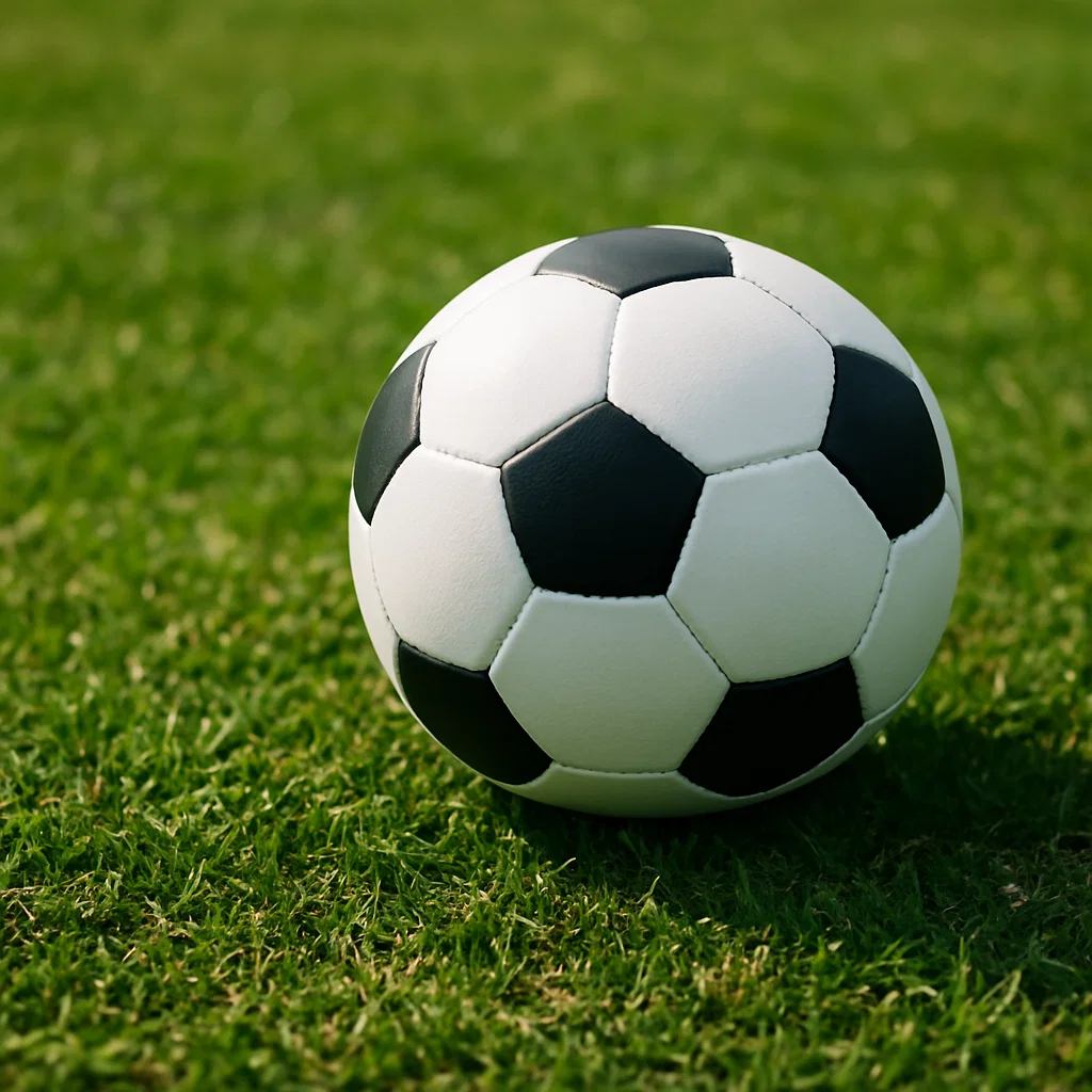 잔디 위에 놓인 흑백 축구공의 근접 사진. 축구공의 질감과 필드 잔디의 선명한 색감이 강조되어 있다.