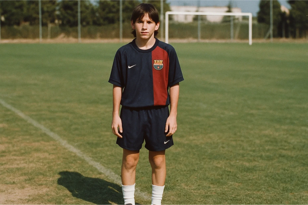 어린 축구 선수가 축구장 중앙에서 바르셀로나 유니폼을 입고 서 있는 모습.