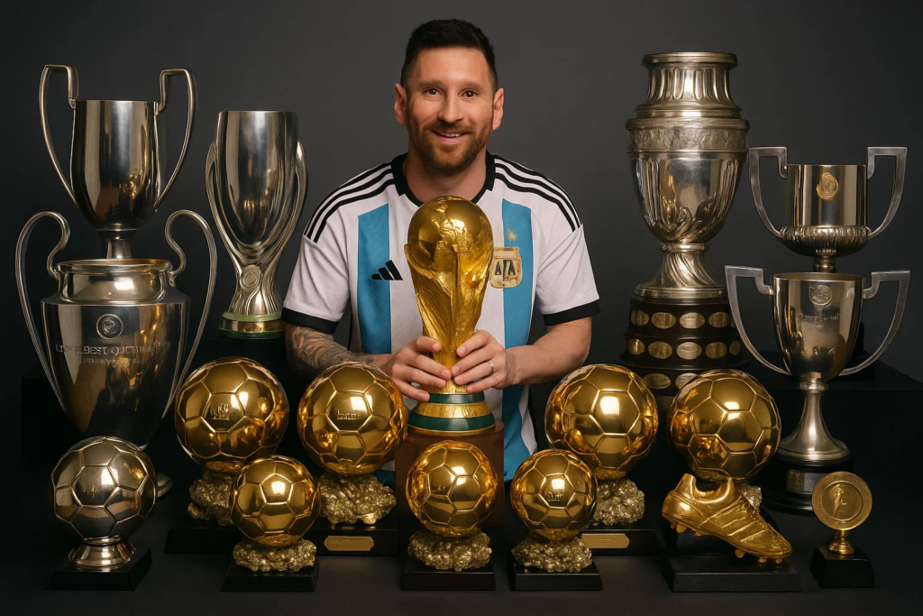 아르헨티나 대표팀 유니폼을 입은 축구 선수가 월드컵 트로피와 여러 개인 수상 트로피 앞에 앉아 있는 모습.