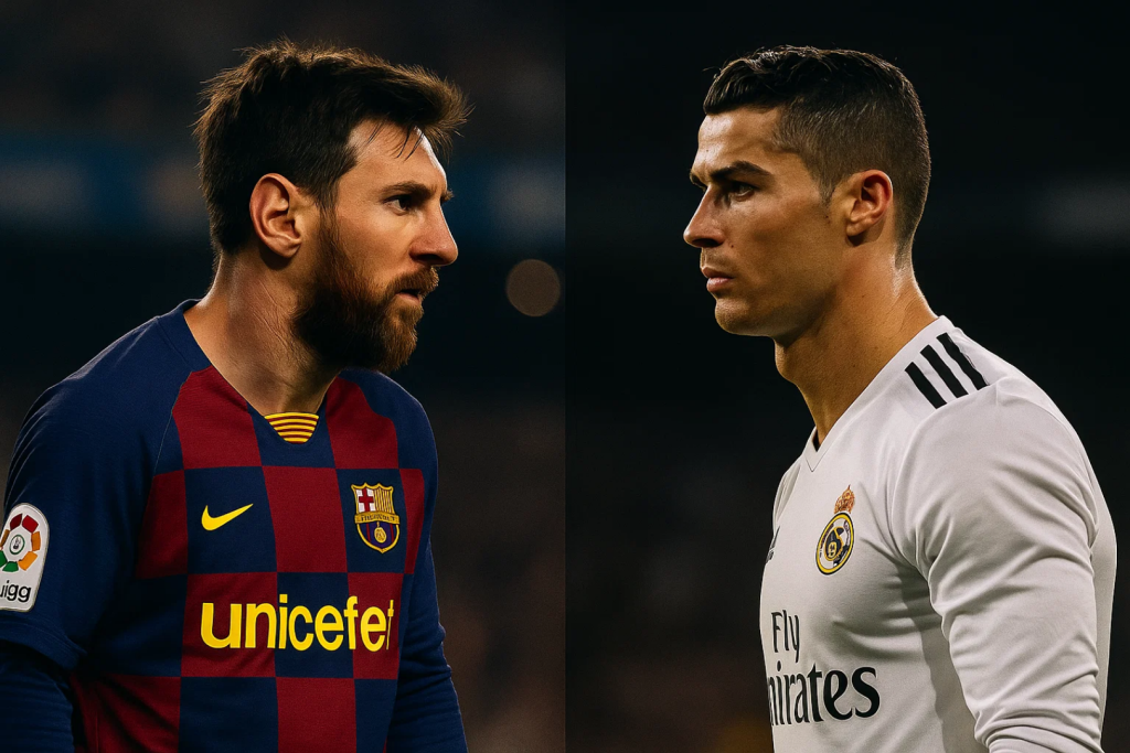 바르셀로나의 유니폼을 입은 선수와 레알 마드리드의 유니폼을 입은 선수가 경기 전 서로 마주 보고 있는 모습.