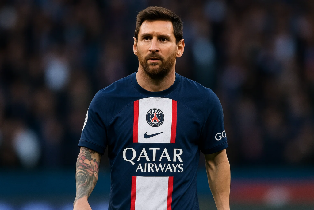 파리 생제르맹(PSG) 유니폼을 입은 축구 선수가 경기 중 진지한 표정으로 서 있는 모습.