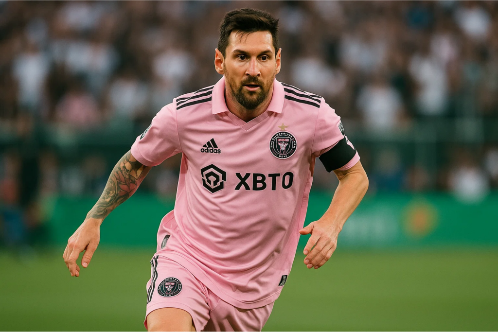 인터 마이애미의 분홍색 유니폼을 입은 축구 선수가 경기장에서 전력 질주하는 모습.