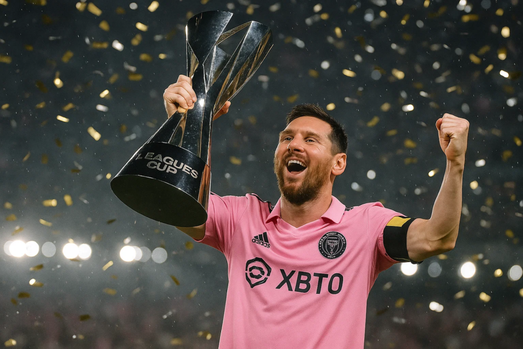 인터 마이애미의 분홍색 유니폼을 입은 선수가 리그스컵 트로피를 들어 올리며 환호하는 모습.