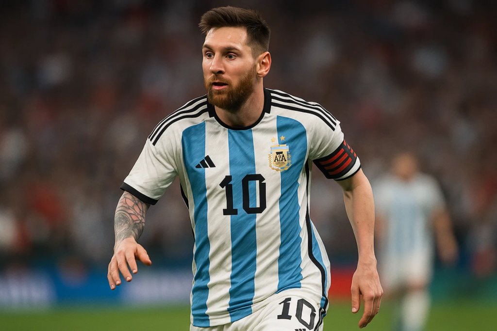 아르헨티나 대표팀의 하늘색과 흰색 줄무늬 유니폼을 입은 선수가 경기장에서 달리고 있는 모습.