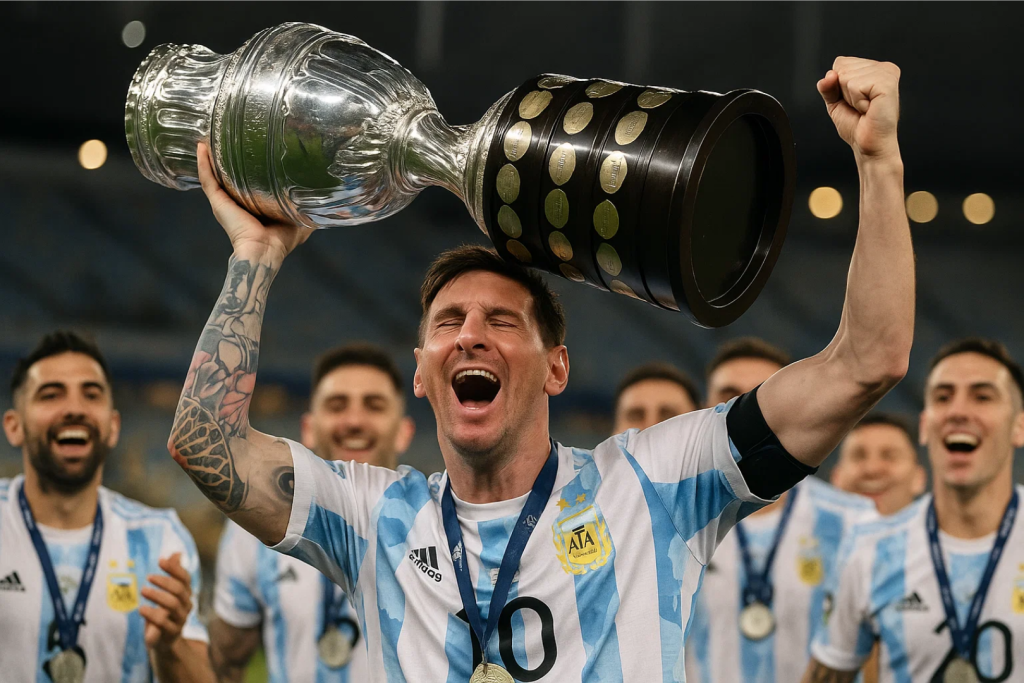 아르헨티나 대표팀 유니폼을 입은 선수가 코파 아메리카 트로피를 높이 들어 올리며 환호하는 모습.
