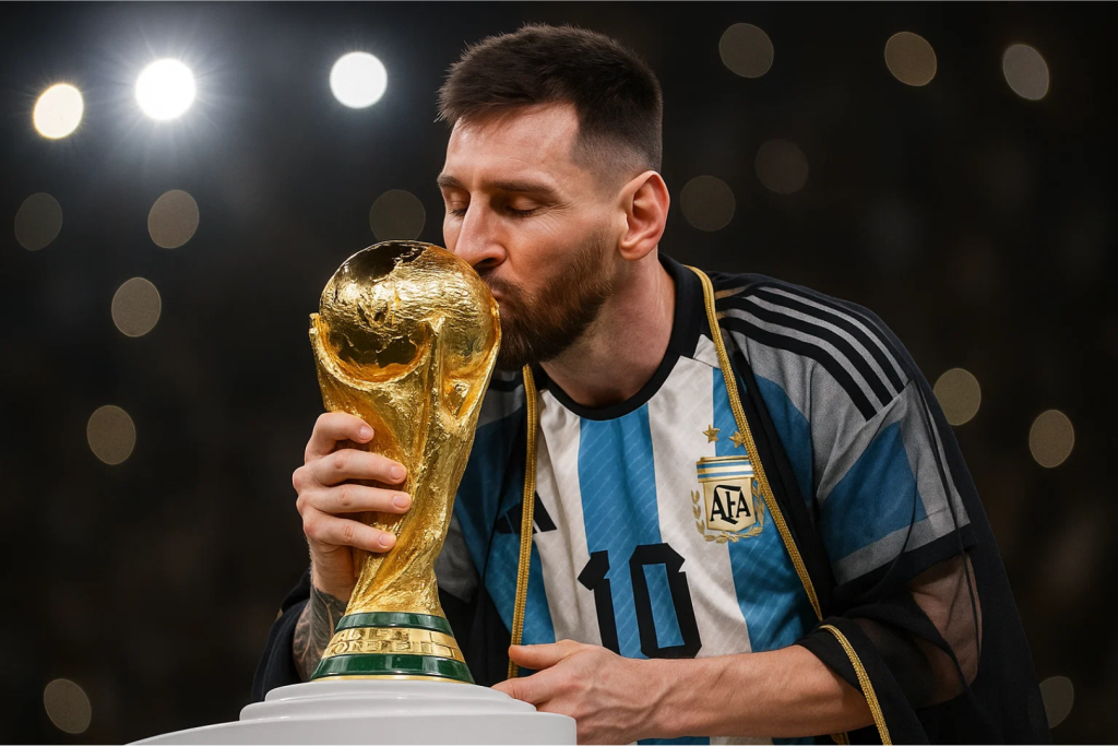 아르헨티나 대표팀 유니폼을 입은 선수가 월드컵 트로피를 들고 입맞추는 장면.