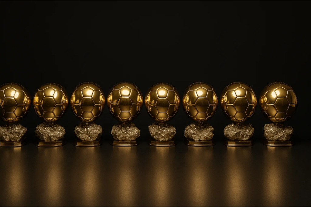 검은 배경 위에 일렬로 놓인 8개의 황금색 발롱도르 트로피.