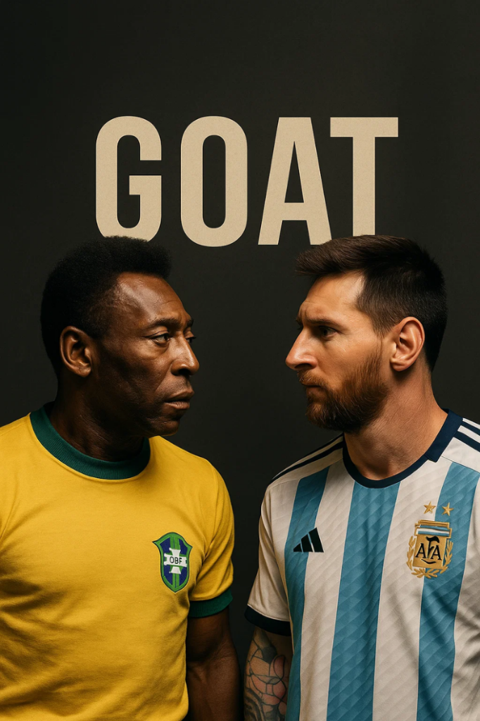 검은 배경 앞에서 서로를 마주보는 두 남성. 왼쪽은 노란색 축구 유니폼, 오른쪽은 하늘색 줄무늬 유니폼을 입고 있으며, 배경 상단에는 ‘GOAT’라는 단어가 적혀 있다.