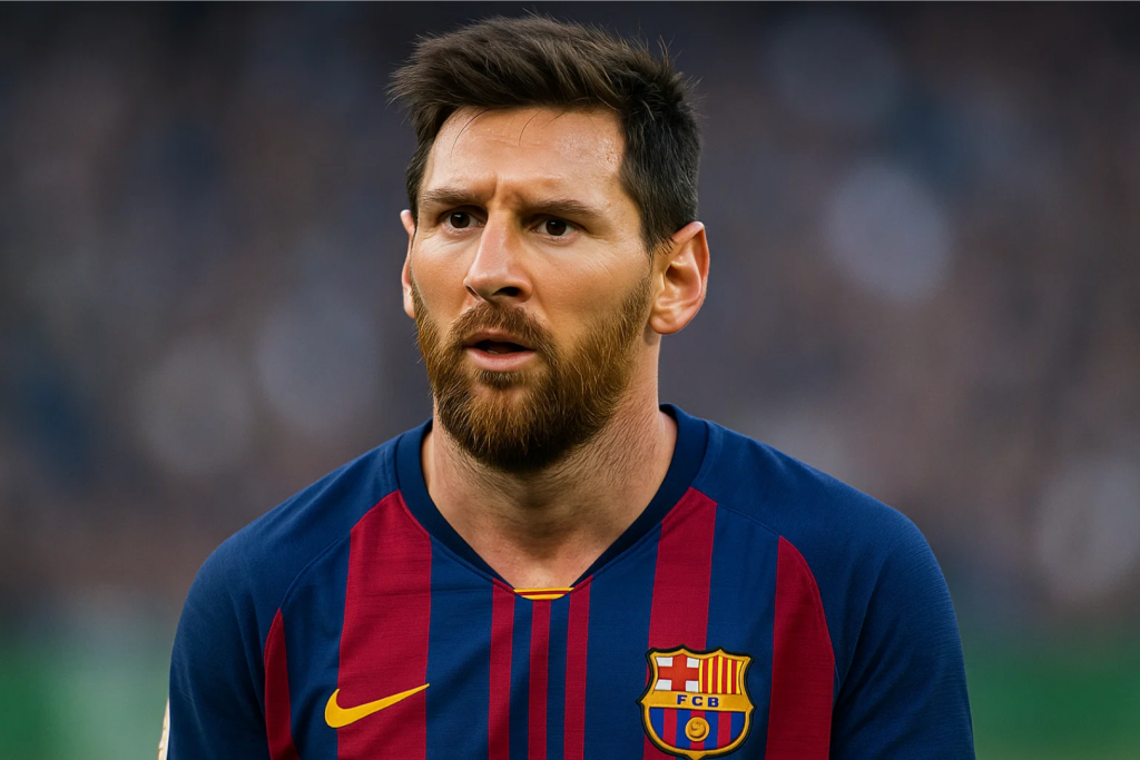 파란색과 붉은색 줄무늬 유니폼을 입은 축구 선수가 경기장에서 집중한 표정으로 서 있는 모습.