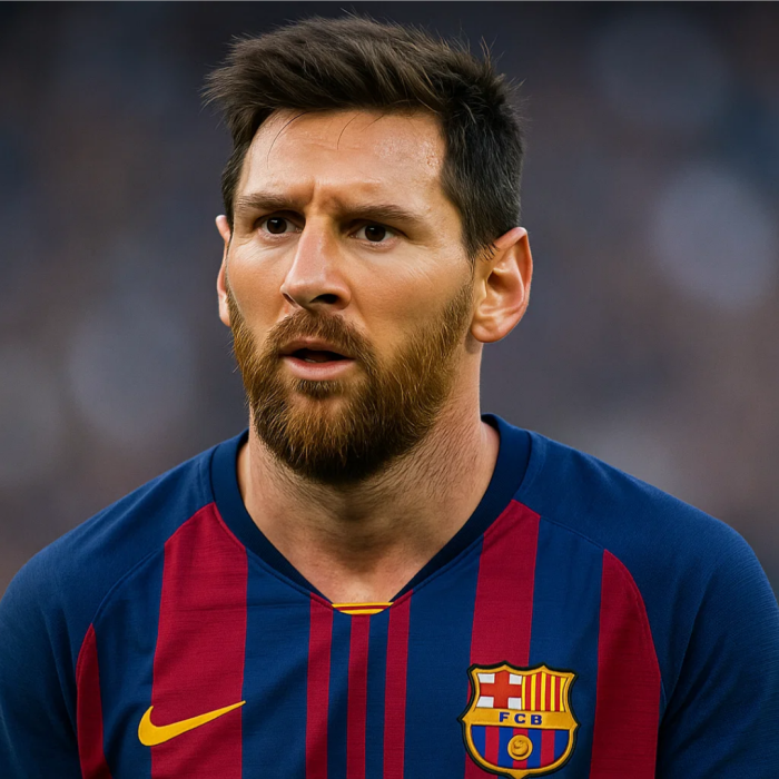 파란색과 붉은색 줄무늬 유니폼을 입은 축구 선수가 경기장에서 집중한 표정으로 서 있는 모습.